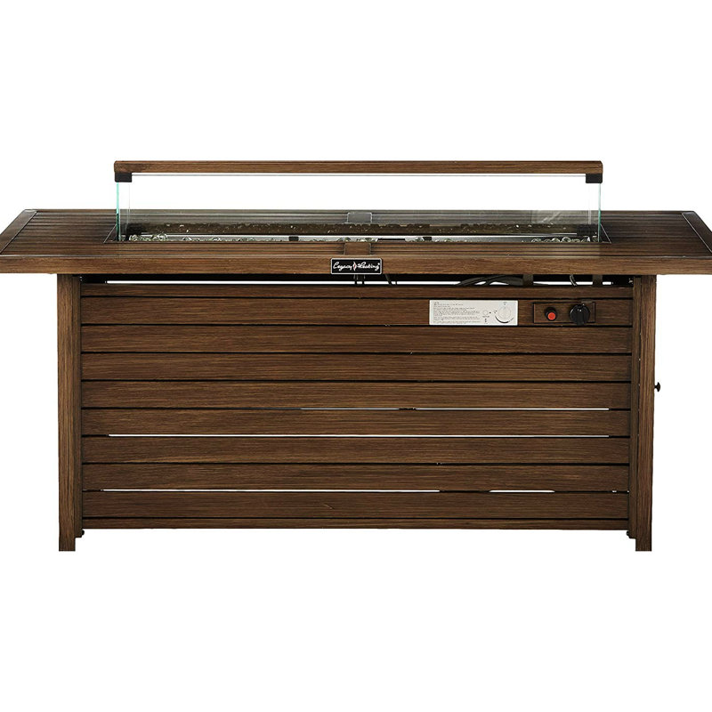 Table brasero au propane 50 000 BTU, rectangulaire, 145 cm, avec couvercle et pare-vent, en acier jaune-brun, idéale pour le jardin, la terrasse, le camping et les fêtes en extérieur.