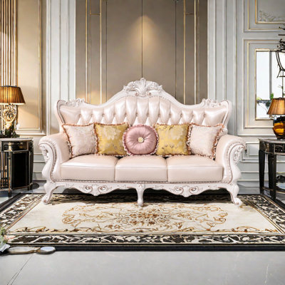 Carved Solid Wood Sofa 88.19'' Leather Sofa