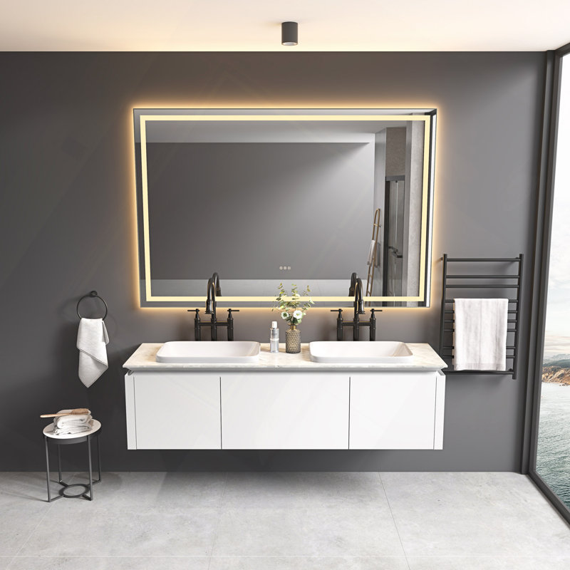 Miroir de salle de bain à DEL 84 x 48 po avec façade et rétroéclairage, miroir de meuble-lavabo mural avec cadre en aluminium, antibuée, mémoire, 3 couleurs, gradation continue