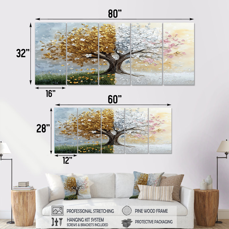 Arbre vert et jaune avec quatre saisons - ensemble d'art mural arbre de vie, H 28 po x l 60 po
