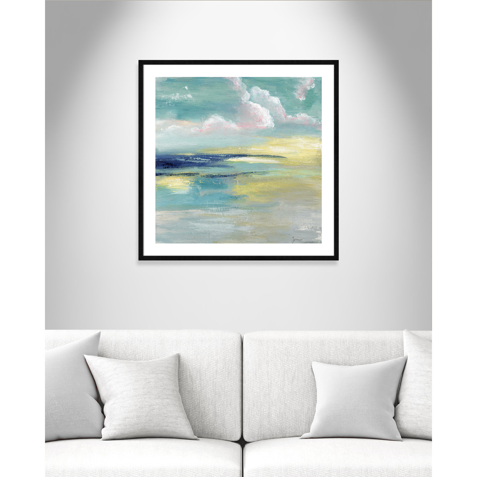 Bertie "Ocean View" Painting by Tava Studios, 33.25" H x 33.25" W x 0.75" D, Black Wood Framed Paper