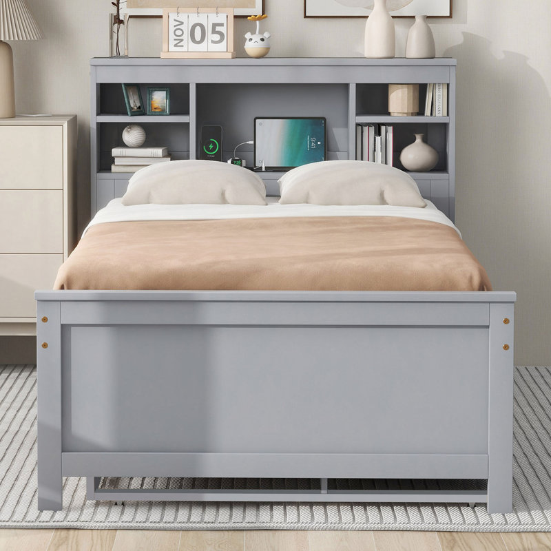Lit plateforme avec tête de lit avec rangement, USB, lit gigogne et 3 tiroirs, Gris