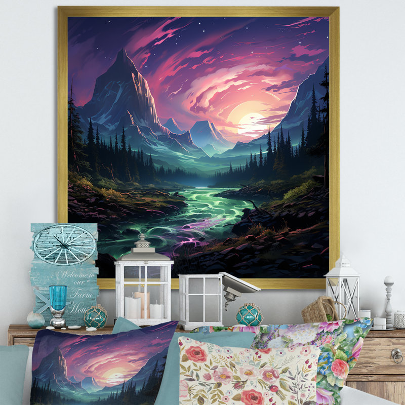 Rose, aurores boréales - Art mural montagnes d'hiver, H 16 po x l 16 po x P 1 po, Encadrement doré