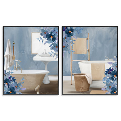 Ensemble de giclée encadrée 2 pièces Bathroom Blues Floral Interior, design par Kim Allen