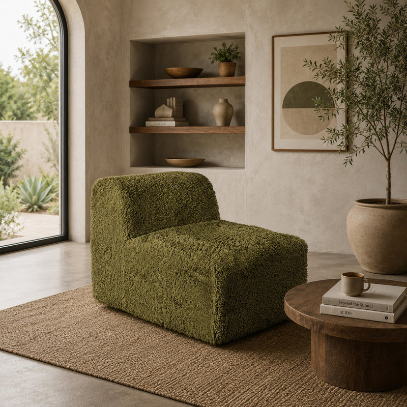 Fauteuil modulaire sans accoudoirs Appi, Olive Green Faux Fur