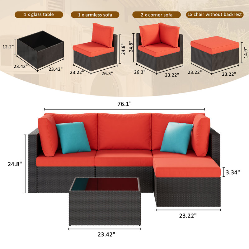 Ensemble de conversation modulaire pour patio 5 pièces avec coussins, Red