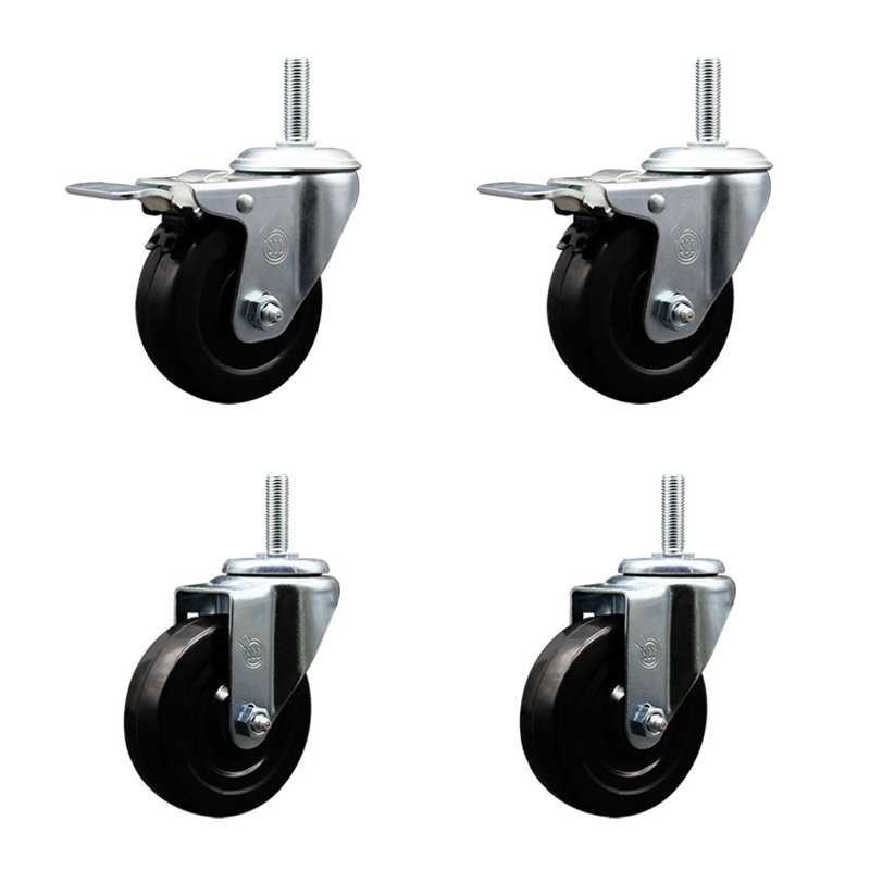 Ensemble de roulettes à tige filetée pivotante en caoutchouc dur de 4 po et 5/8 po 2 freins à verrouillage total