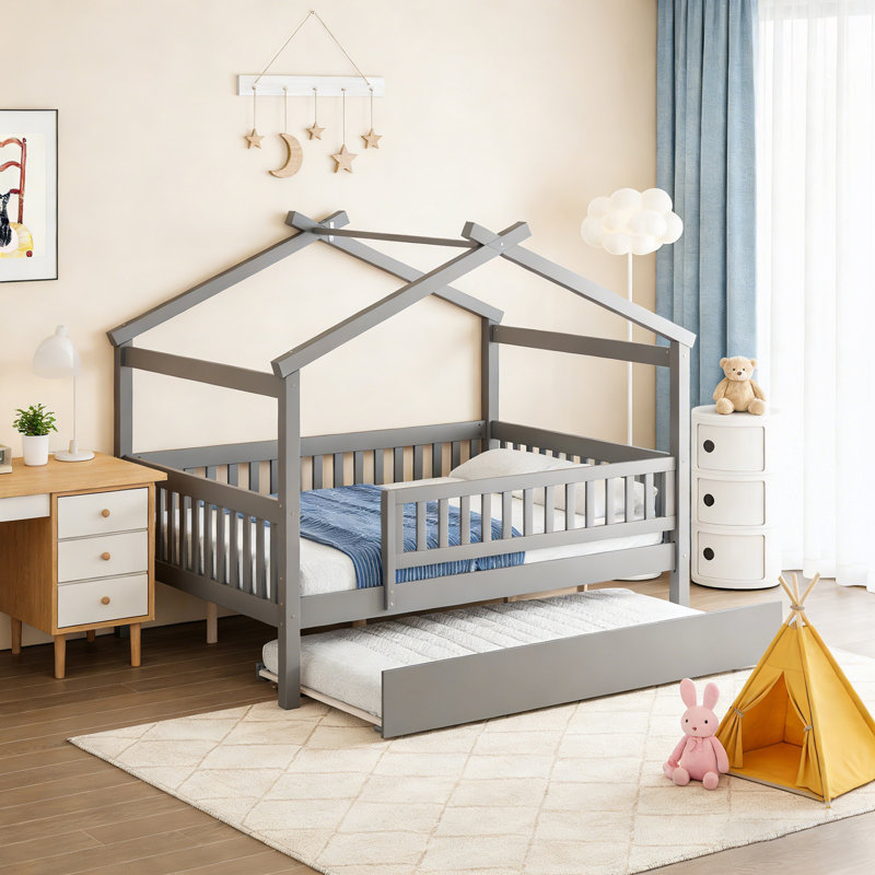 Full Size Wooden House Bed With Trundle, Gray, Full
