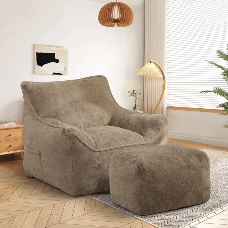 Compression Large Faux Fur Memory Foam Filled Bean Bag Chair For Adults And Kids, Light Coffee Faux Fur
