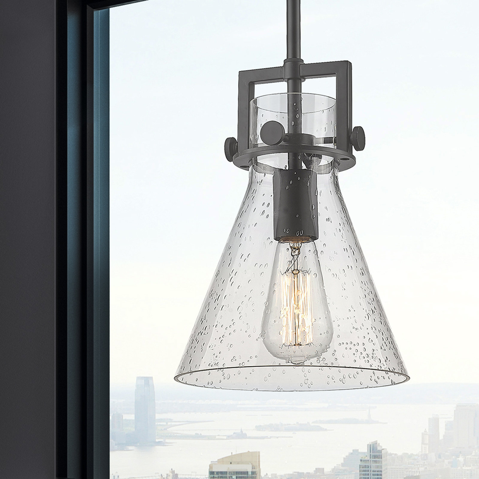 Coterie Single Light Glass Dimmable Pendant, Seedy, Matte Black, 11.38" H x 8" W x 8" D