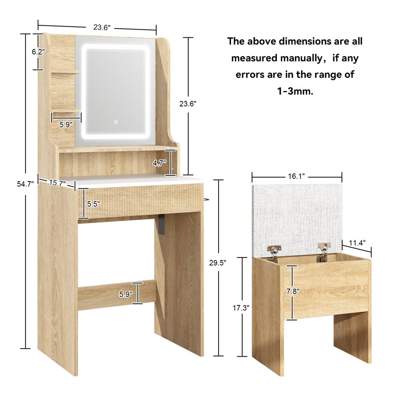 Ensemble de coiffeuse avec tabouret Herdon , Naturel