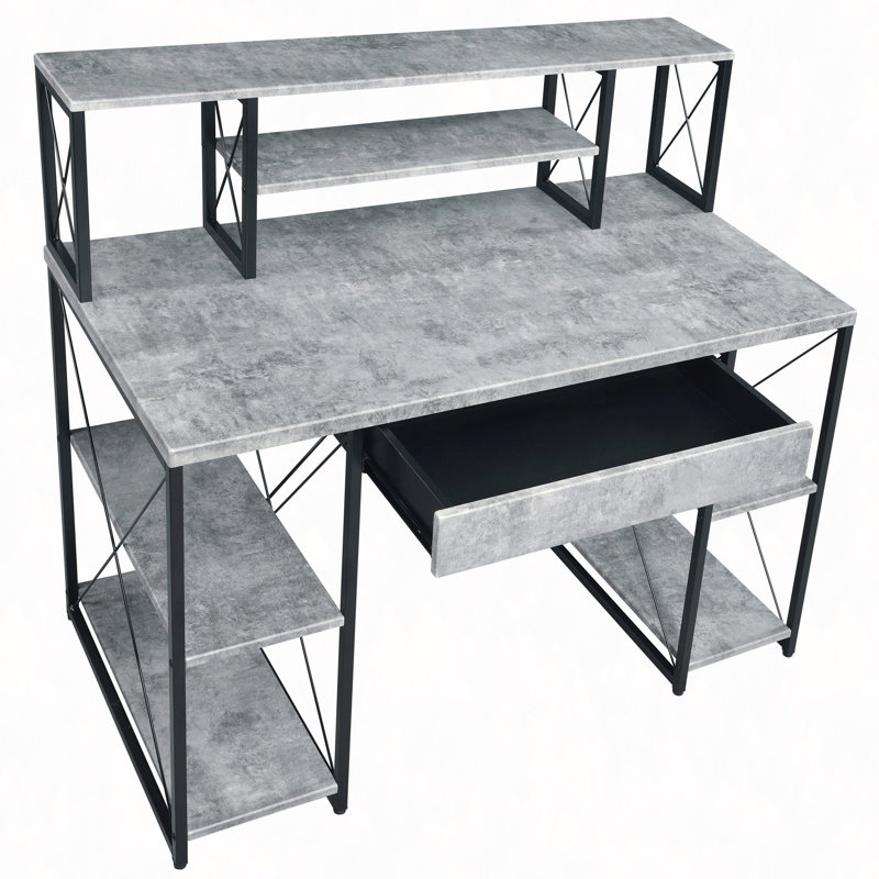 Bureau avec tablettes ouvertes et huche, Gris