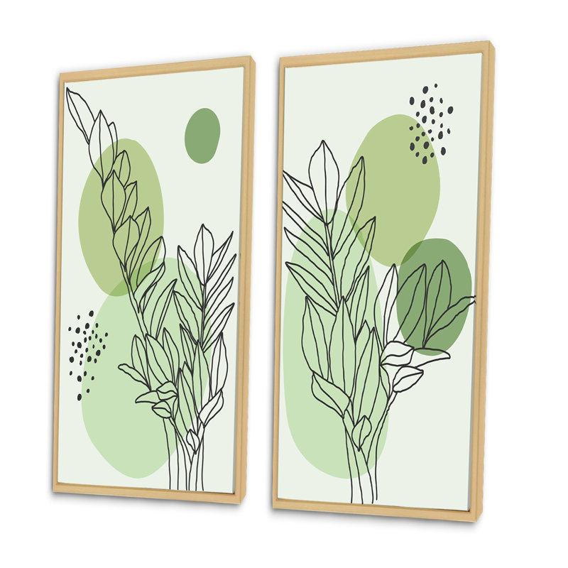 Ensemble de 2 peintures - feuilles botaniques abstraites vertes II, H 20 po x l 24 po x P 1 po, Cadre brun