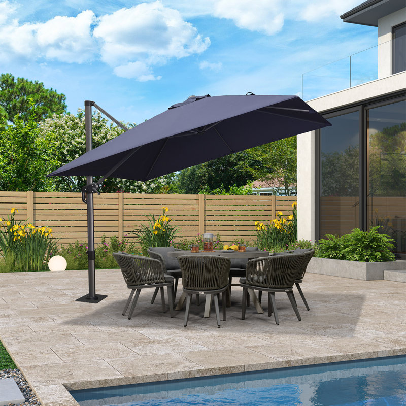 Parasol d'extérieur rond en aluminium avec base en acier Regelinde, L 120 po x P 120 po, Marine