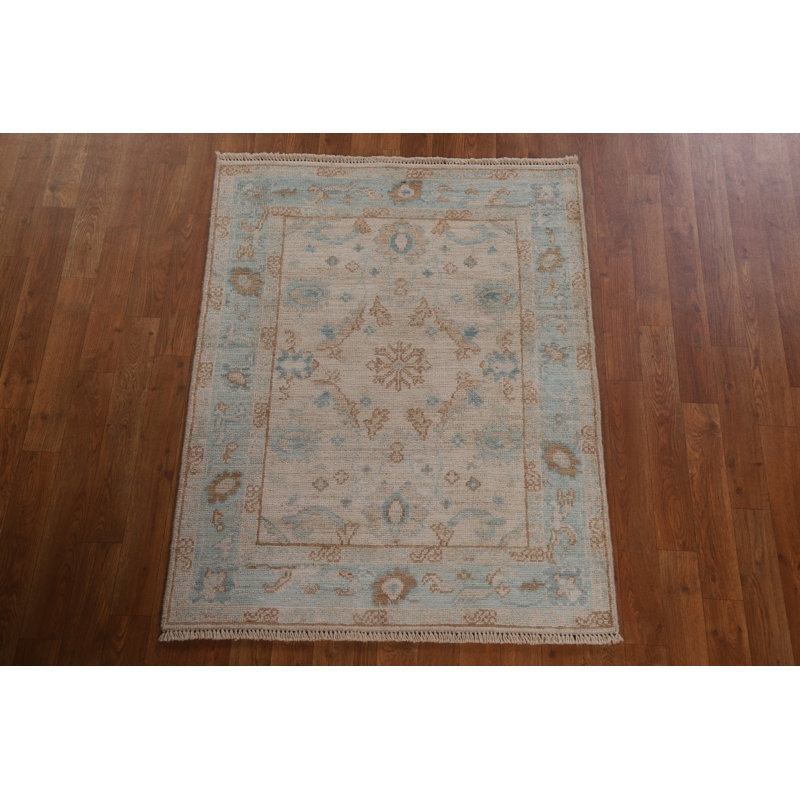 Tapis beige en laine noué à la main de conception unique 3 pi 1 po x 3 pi 11 po New Age