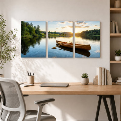 Toile en bois et avirons sur un coucher de soleil sur le lac doré, ensemble de 3 toiles