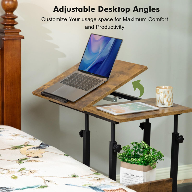 Adjustable C Table With Charging Station, Tiltable Desk C Shaped End Table For Couch, Over Bed Table With Wheels Adjustable Height, Hospital Table Laptop Stand Drawing Desk, Rustic Brown