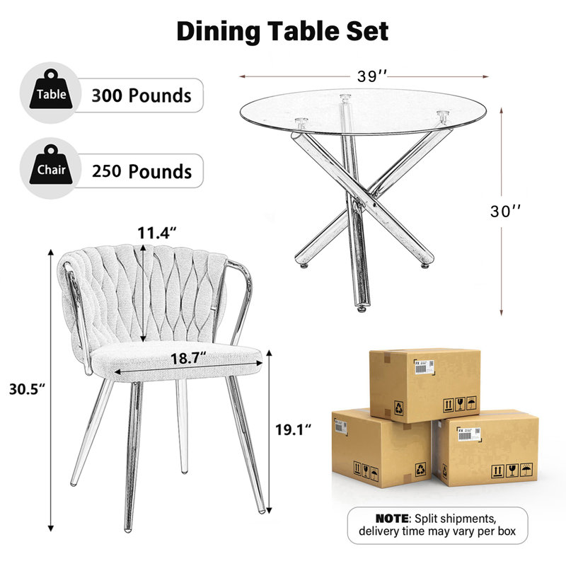 Elegant Round Glass Dining Table Set, Beige,  3 Pieces: Table, 2 Chairs, Silver
