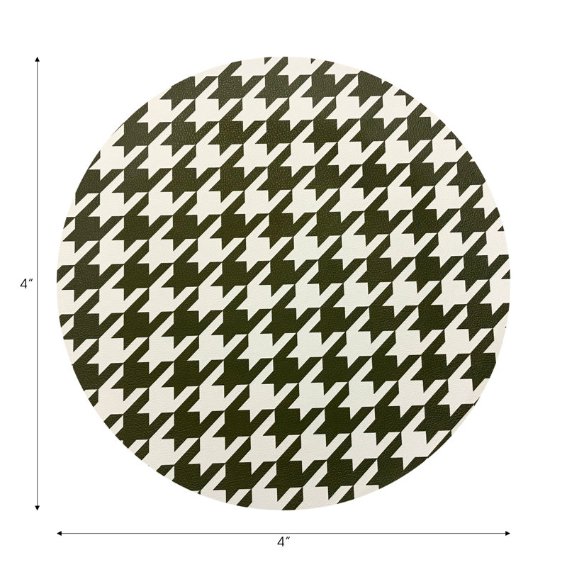 Houndstooth Black White Vegan Leather Round Coasters, Green White