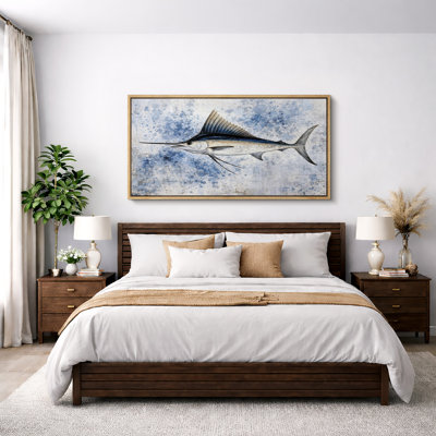 Blue Marlin Fish Splash Coastal Nautical Wall Decor Extra Large Pictures Framed Canvas Print Wall Art