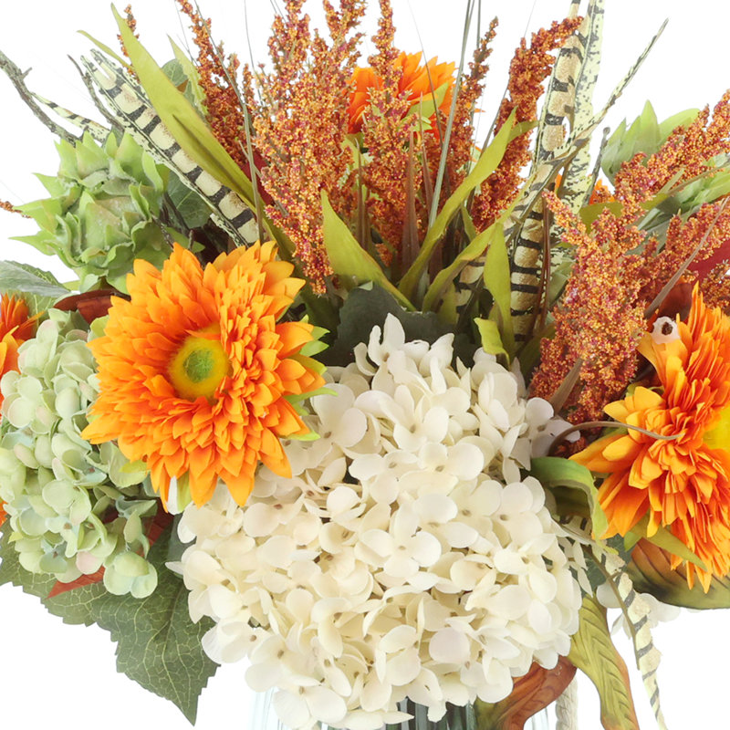 Fall Hydrangea and Sunflower Arrangement in Glass Vase with Rope Handle