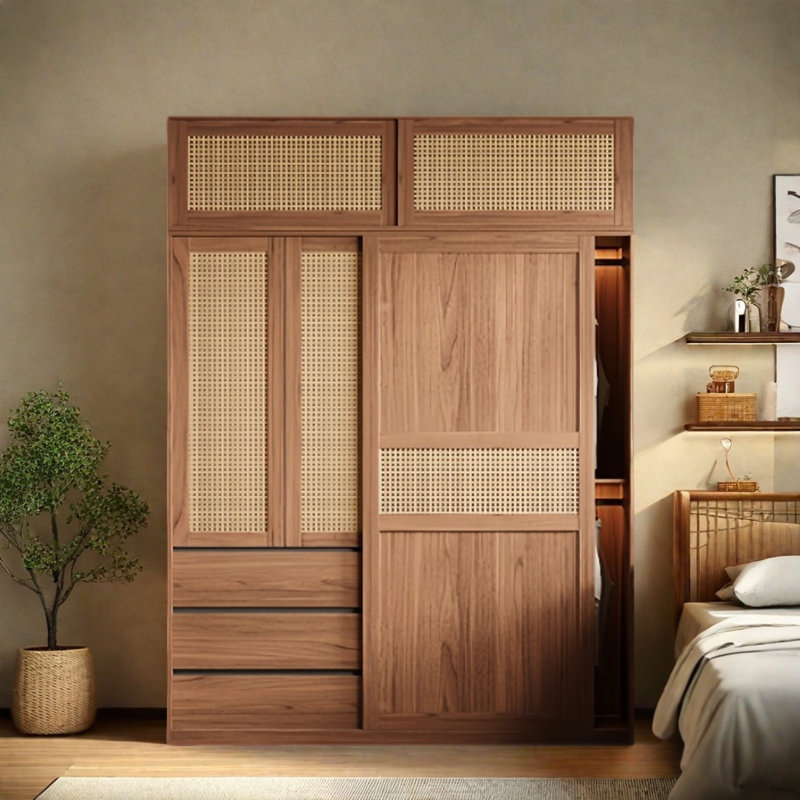 Garde-robe coulissante simple et élégante en osier, H 97,64 po x l 55,12 po x P 23,62 po