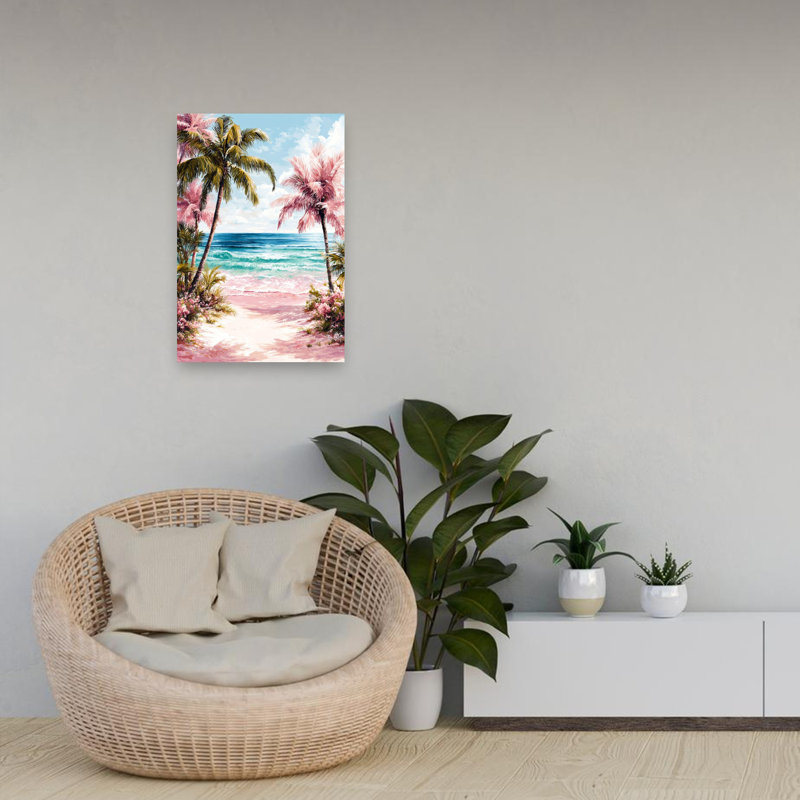 Art mural côtier tropical de plage rose, H 24 po x l 16 po