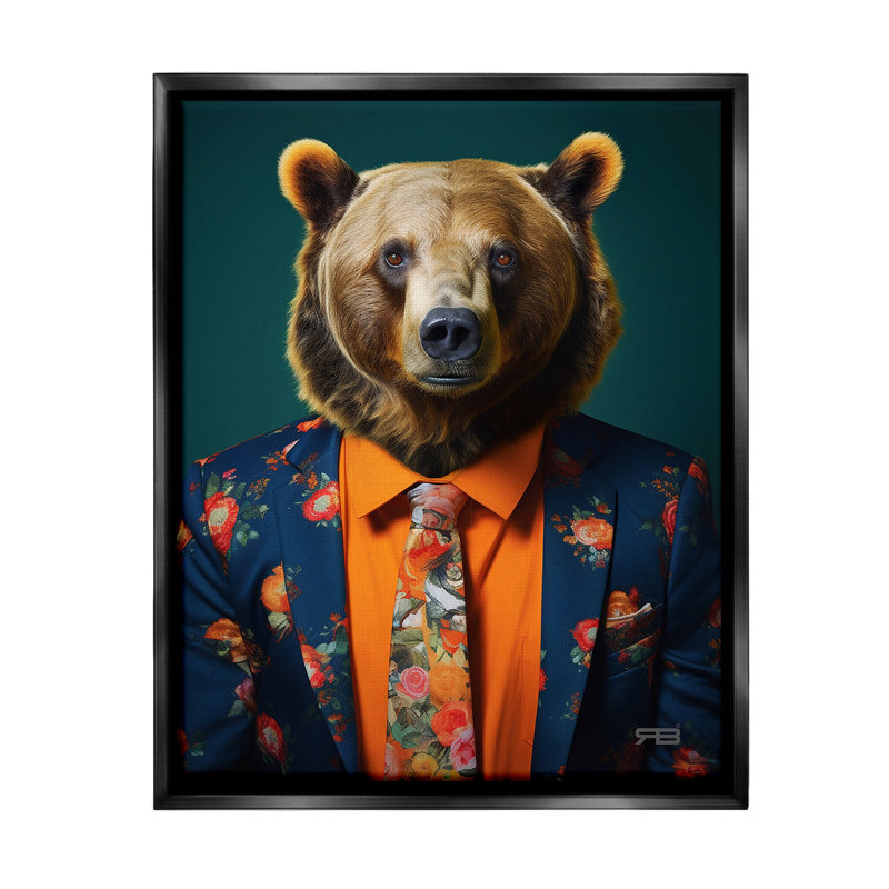«Bear In Floral suit Floater Frame» par RB sur toile, Cadre flottant noir de jais, H 21 po x l 17 po