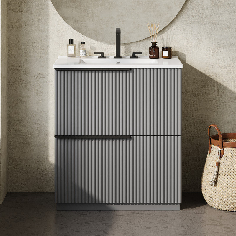 Meuble-lavabo de salle de bain avec lavabo en céramique et tiroirs pleine extension à fermeture en douceur, Gris