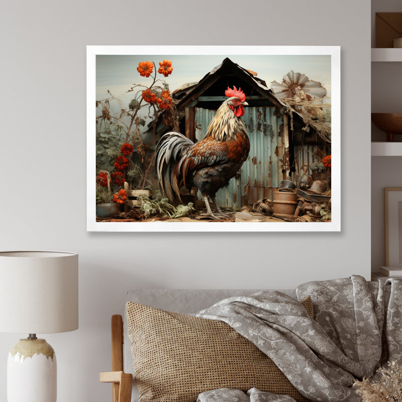 Binzel Roaster Barnyard Serenade I - Barn Framed Art, White Single Picture Framed, 24" H x 32" W x 1" D