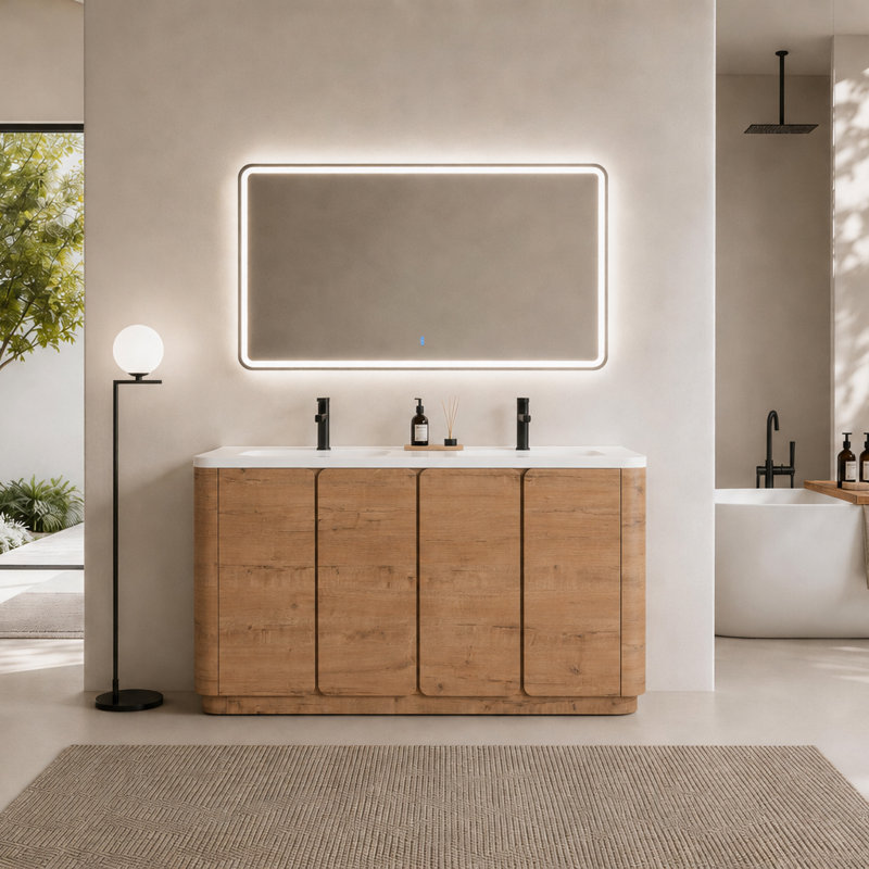 Meuble-lavabo autoportant Serene et ensemble lavabo en résine blanche avec portes à fermeture en douceur, 60"