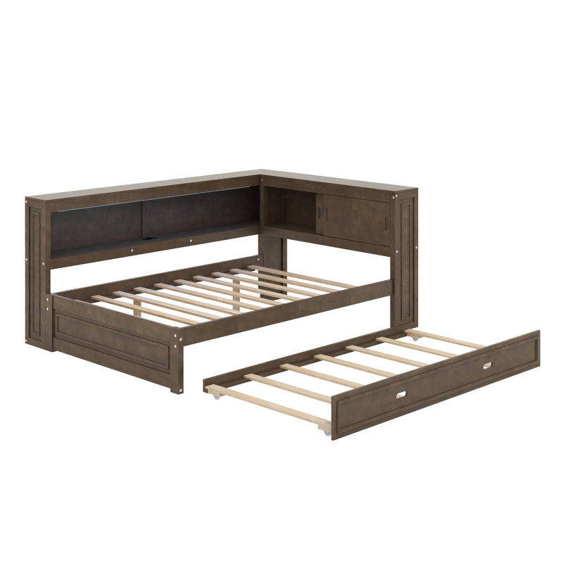Lit de jour en bois pleine grandeur avec tablettes, DEL et lit gigogne, Bois antique