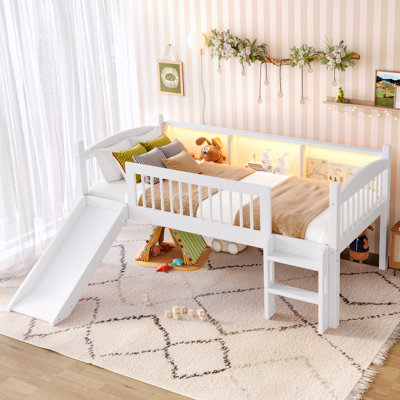 Twin Loft Bed With Slide And Ladders, Solid Wood Low Loft Bed With Storage Shelves And Led Lights, Loftbed Frame For Kids, Boys, Girls, Childlike And No Box Spring Needed Design, White
