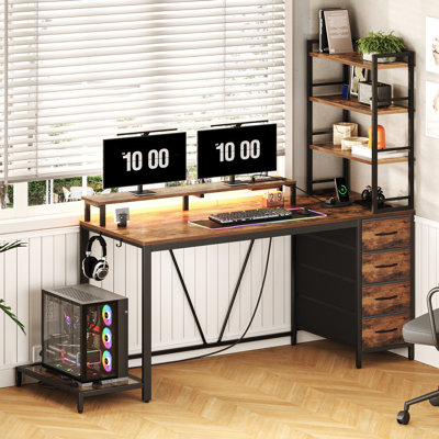 43.3'' Computer Desk with Monitor Stand and Storage, Gaming Desk with Charging Station and LED Lights