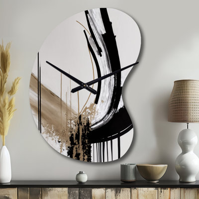 Golden Minimalist Abstract IV - Asymmetrical Modern Metal Wall Clock, Black Wall Clock Print