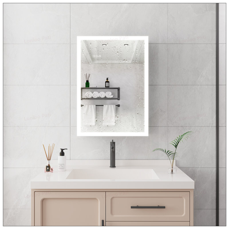 Armoire à pharmacie de salle de bain avec lumières DEL, désembueur, gradateur, horloge numérique et affichage de la température, fixation en surface