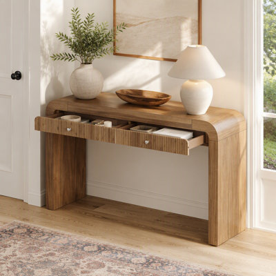 Rustic Console Table with Fluted Drawer Front, Entryway Table with Curved Corners & Thick Legs, Sturdy Sofa Table for Hallway & Living Room