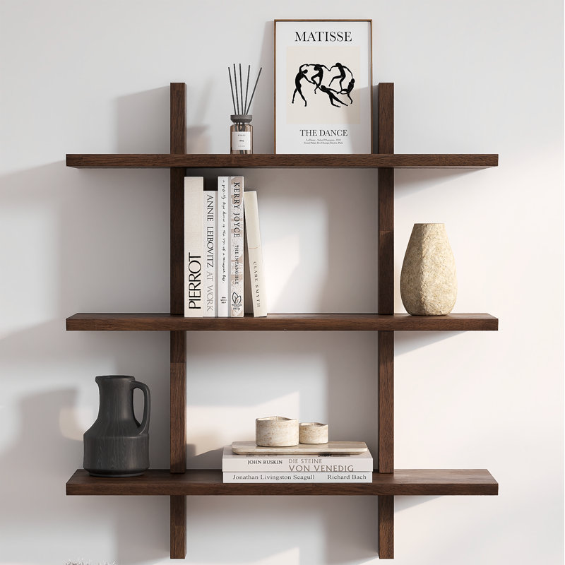 Shouji 3-Tiered Solid Wood Floating Shelves with Reversible Bevel Edge, Hidden Hardwares, 15-min Quick Assembly, Walnut