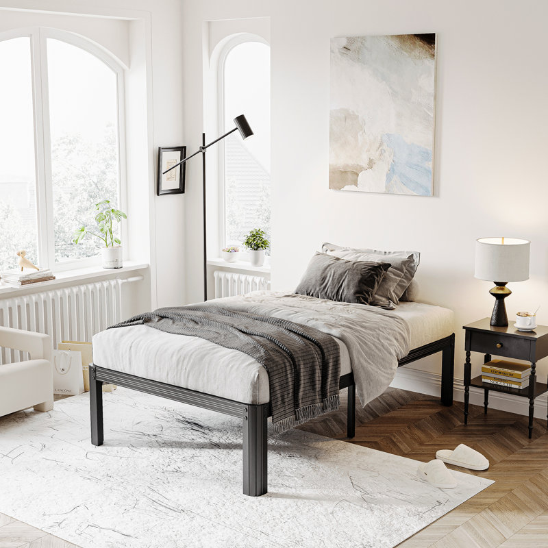 Oley 14 Inch Heavy Duty Metal Platform Bed Frame, Four Round-Corner Legs, Robust Steel, Noise Free, Extra-long Twin