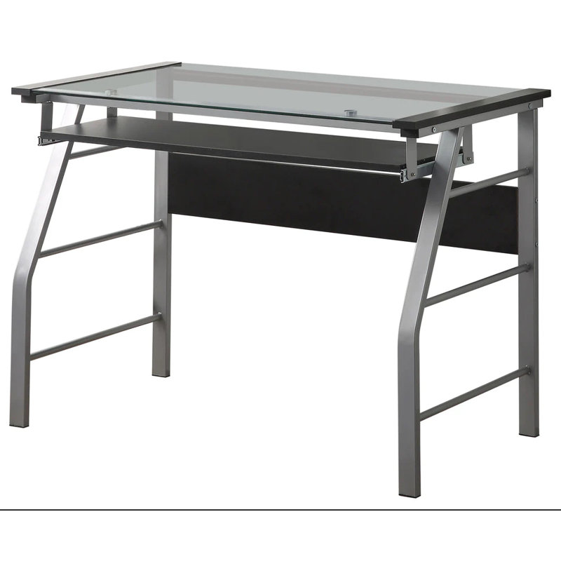 Modern Computer Desk with Pull-Out Keyboard Tray, Clear Glass Top, and Silver Metal Frame for Home Office and Study Rooms
