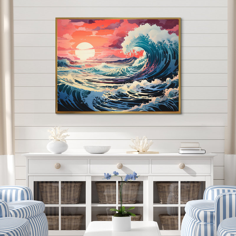 Dramatic Ocean Waves II - art mural toile côtière, H 34 po x l 44 po x P 1,5 po, Cadre flottant doré