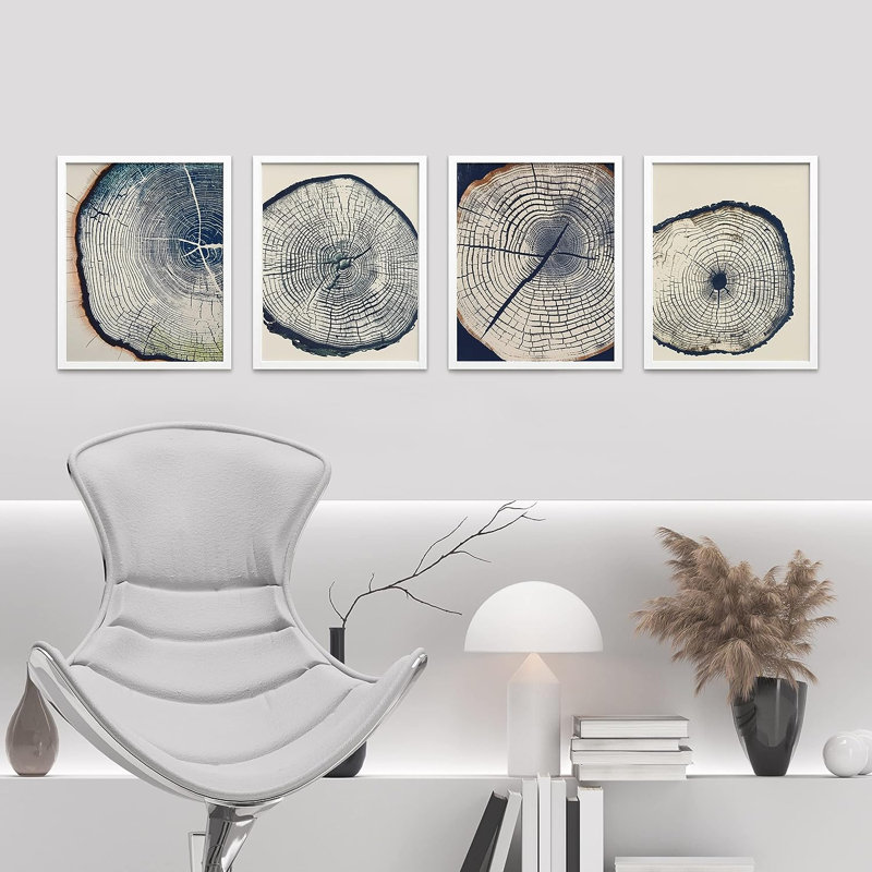 Rustic Navy Blue Wood Tree Ring Artwork Living Room Pictures Framed Wall Art 4 Pieces Paper Print, 10" H x 8" W, White