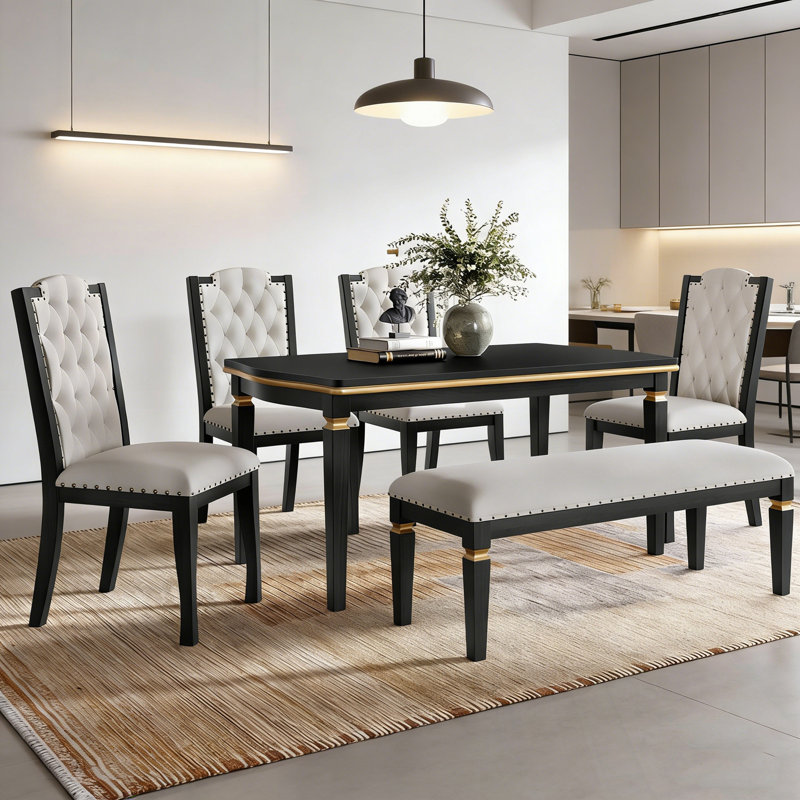 6 pièces Twiggs avec 4 chaises capitonnées à haut dossier et 1 banc, Noir