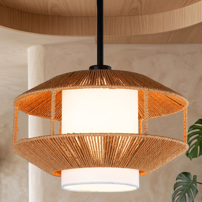 2-in-1 Handwoven Rattan Pendant Light, Modern Organic Drum Chandelier, Convertible Semi-Flush Mount for Coastal, Boho & Scandi Décor