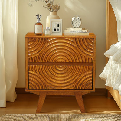 Table de chevet moderne en bois massif à 2 tiroirs avec façade sculptée