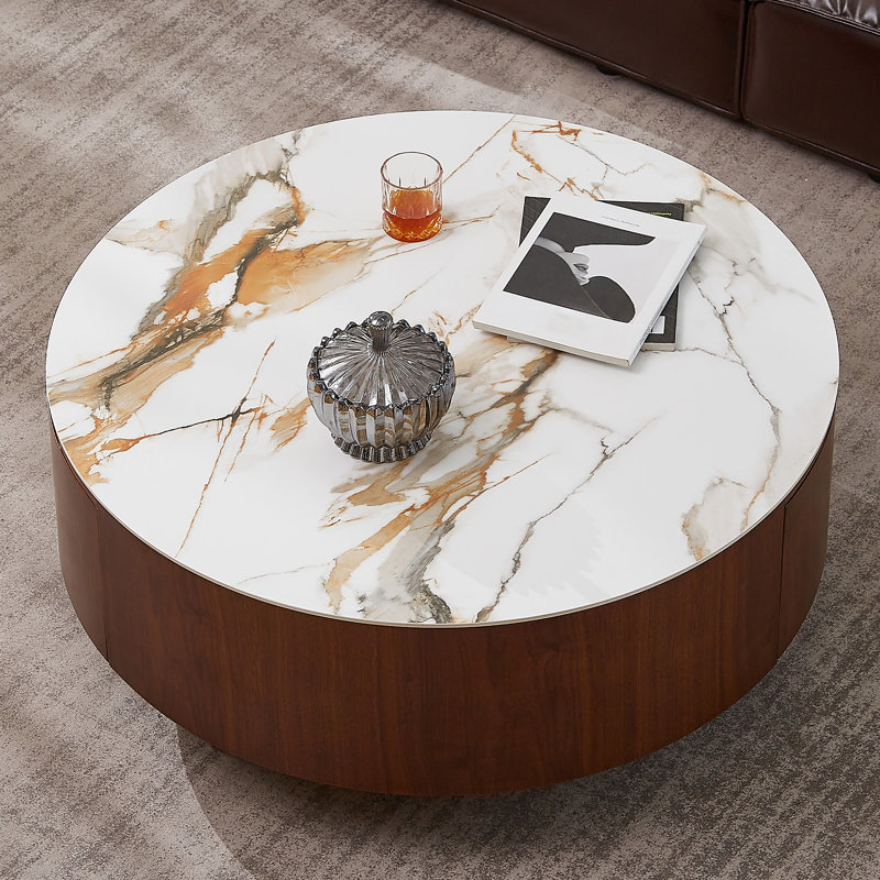 Orren Ellis 35.4" Modern Faux Marble Coffee Table with 2 Drawers — Walnut