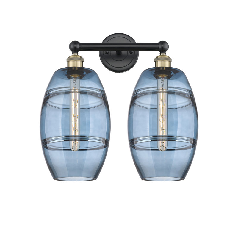 Éclairage pour meuble-lavabo à 2 lumières à intensité variable Kusham, Bleu princesse, Laiton antique noir
