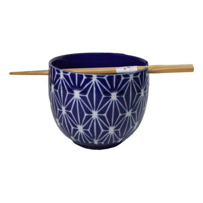 Asanoha Geometric Blue And White Donburi Ramen Soup Bowl With Chopsticks