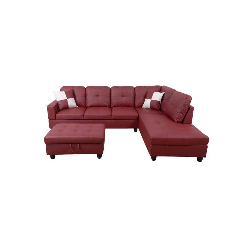 Canapé et chaise longue avec repose-pieds Beesley, Orienté à droite, Rouge vin, Noir