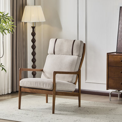 Chaise d'appoint Mid Century avec cadre en bois massif avec revêtement, dossier haut et éléments décoratifs
